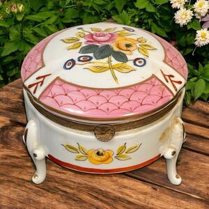 Vintage Handpainted 3 Footed Floral Hinged Trinket Box Porcelain Roses by Isco